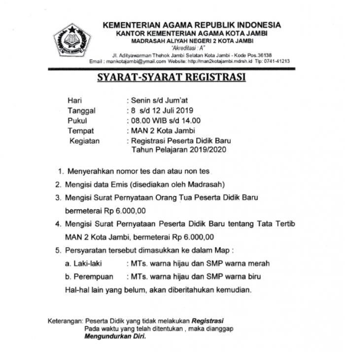 Yang Perlu Disiapkan untuk Registrasi Ulang Peserta Didik Baru MAN 2 Kota Jambi