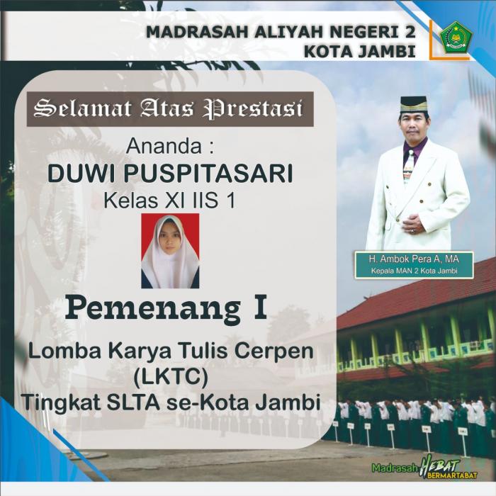 Selamat, Duwi Puspitasari Berhasil Meraih Juara 1 LKTC Tingkat SLTA se-Kota Jambi