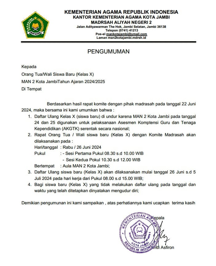 Info Daftar Ulang Peserta Didik Baru Kelas X Tahun Ajaran 2024/2025