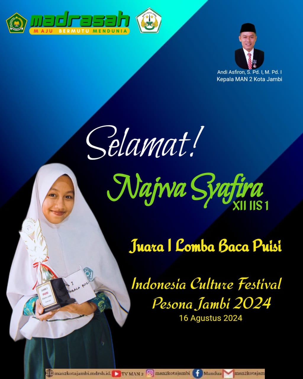 Najwa Syafira Raih Juara Pertama Baca Puisi di Indonesia Culture Festival Pesona Jambi 2024